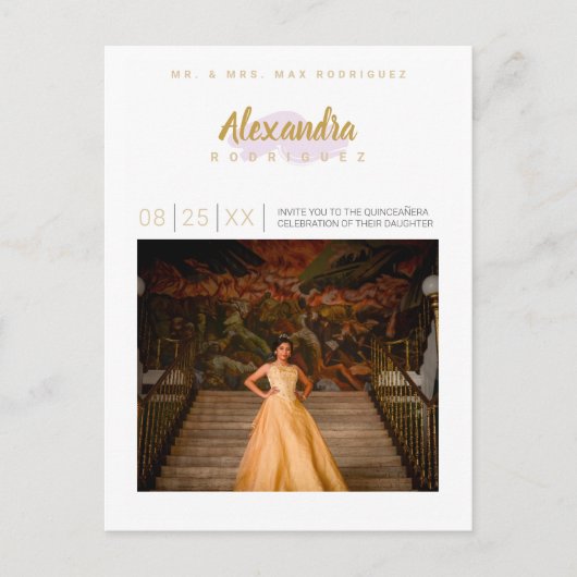 Bleek Paars en goudfoto Quinceanera Uitnodiging Briefkaart (Voorkant)