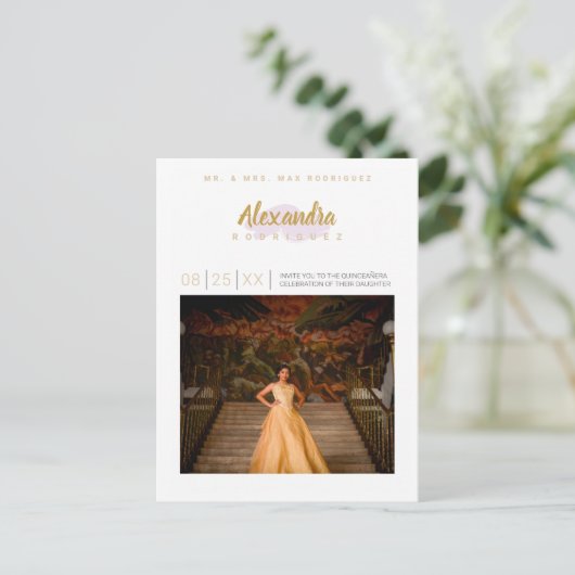 Bleek Paars en goudfoto Quinceanera Uitnodiging Briefkaart (Staand voorkant)