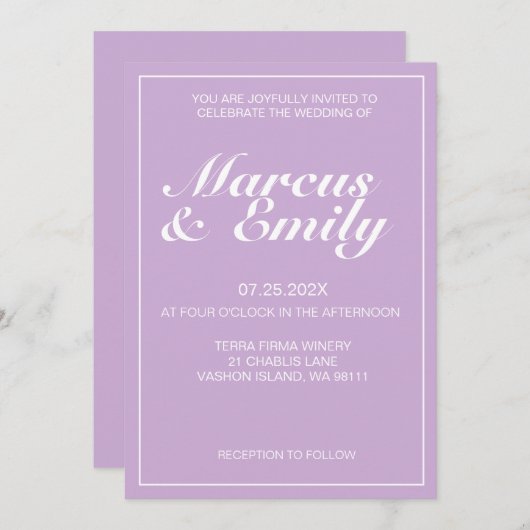 Bleek Paars en wit modern minimalistisch huwelijk Kaart (Voorkant / Achterkant)