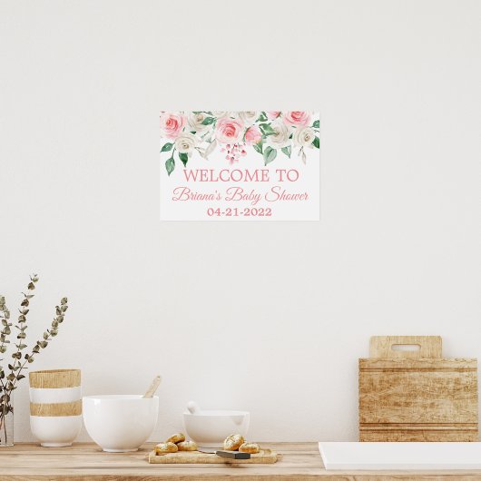 Bleek  Peach Blush Pink Floral Baby shower Welkom Poster (Keuken)