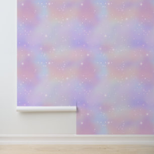 Bleek pluizig roze eenhoorn wolken sterren magisch behang
