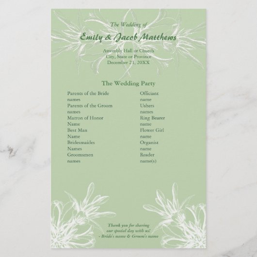 Bleek programma Mint en White Floral Wedding Progr (Achterkant)