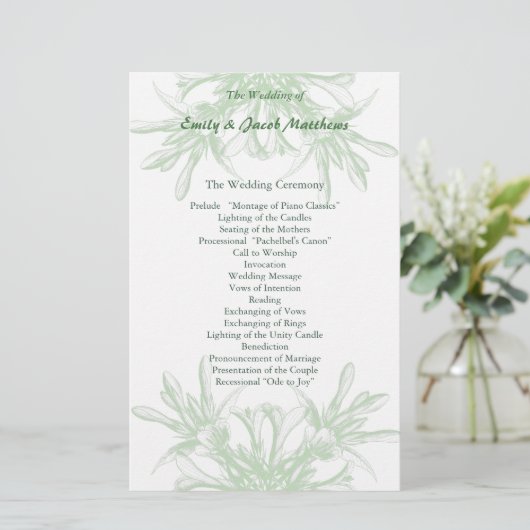 Bleek programma Mint en White Floral Wedding Progr (Staand voorkant)