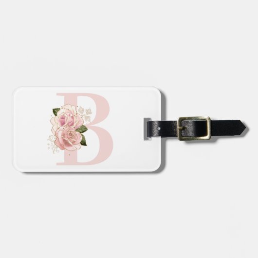 Bleek Roos Goud Bloemen Monogram Bagagelabel (Voorkant horizontaal)