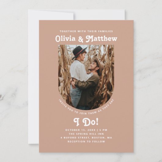 Bleek roze blos boog foto minimaal retro bruiloft kaart (Voorkant)