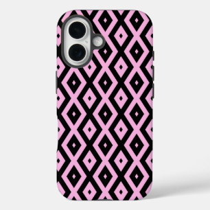 Bleek roze en zwart diamantpatroon iPhone 16 hoesje