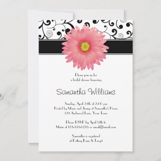 Bleek Roze Gerbera Daisy Black Scroll Vrijgezellen Kaart (Voorkant)