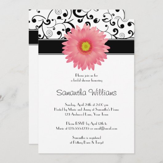 Bleek Roze Gerbera Daisy Black Scroll Vrijgezellen Kaart (Voorkant / Achterkant)