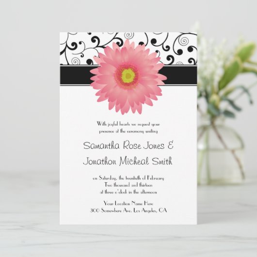 Bleek roze Gerbera Daisy Scroll Design Wedding Kaart (Staand voorkant)