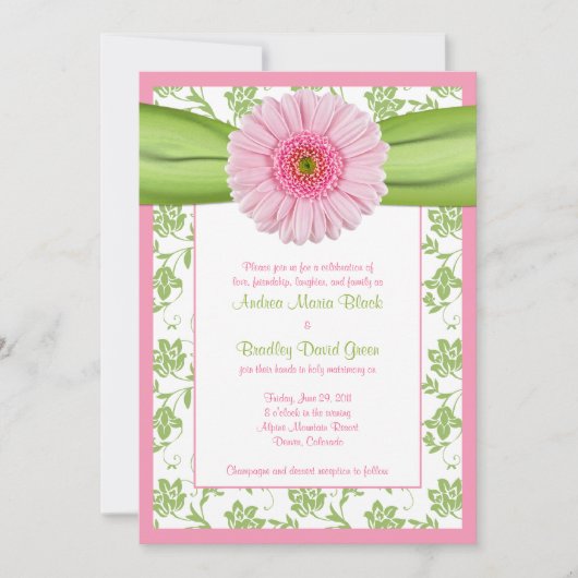 Bleek roze Gerbera Green Floral Wedding Invitation Kaart (Voorkant)