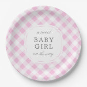 Bleek roze gingham plaid lief baby meisje papieren bordje (Voorkant)