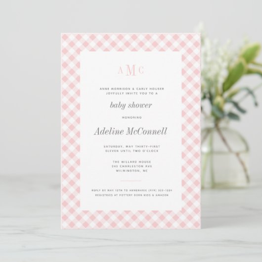 Bleek Roze Gingham Traditioneel Baby shower Kaart (Staand voorkant)