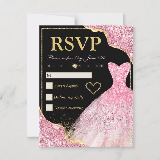 Bleek roze glitter glam Edges & Dress Sweet 16 RSVP Kaartje (Voorkant)