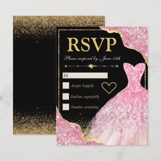 Bleek roze glitter glam Edges & Dress Sweet 16 RSVP Kaartje (Voorkant / Achterkant)