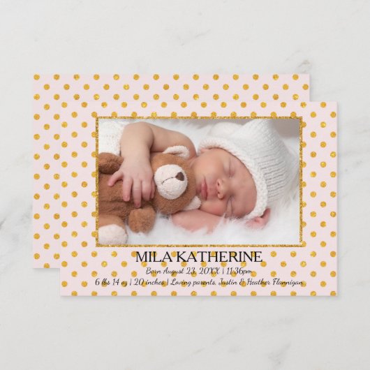 Bleek roze goudglitter-Stippen-3x5 geboorteaankond Aankondiging (Voorkant / Achterkant)