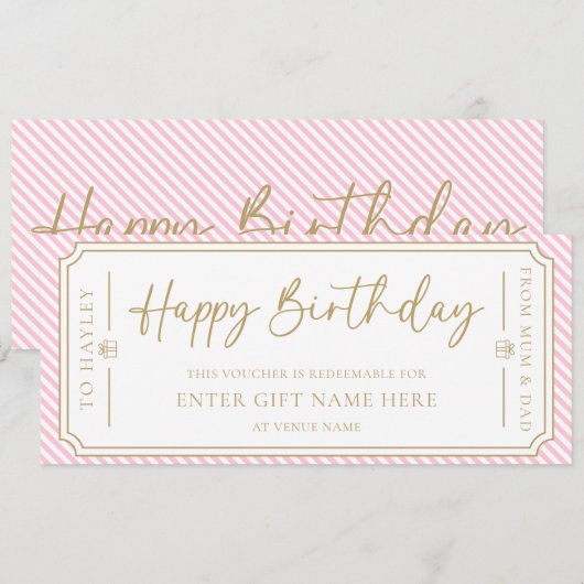 Bleek Roze Happy Birthday Cadeaubon Kaart (Voorkant / Achterkant)