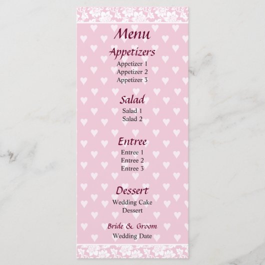 Bleek roze harten bruiloft menu (Voorkant)