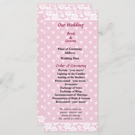 Bleek-roze-hartsweddenschap Programmakaart (Voorkant / Achterkant)