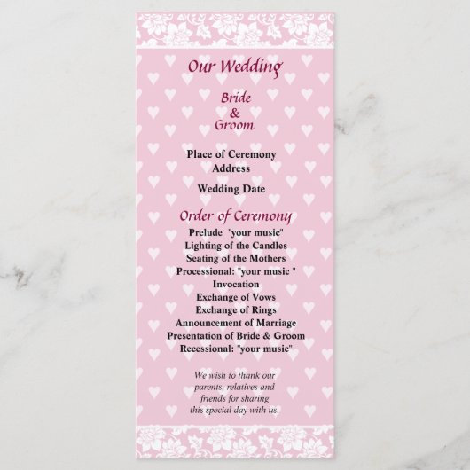 Bleek-roze-hartsweddenschap Programmakaart (Voorkant)