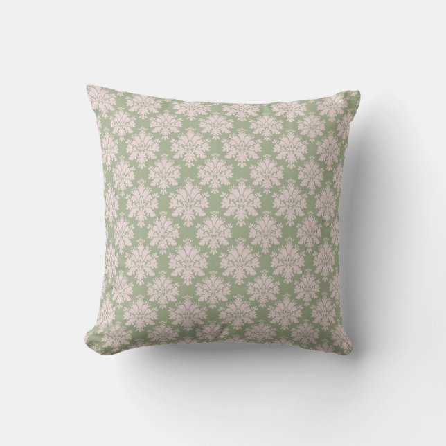 bleek roze op salie groen sierlijk damast patroon kussen (Voorkant)