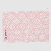 Bleek roze op wit  damast patroon monogram golfhanddoek (Horizontaal)