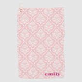 Bleek roze op wit  damast patroon monogram golfhanddoek (Voorkant)