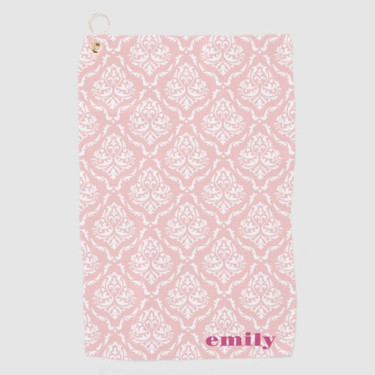 Bleek roze op wit  damast patroon monogram golfhanddoek (Voorkant)