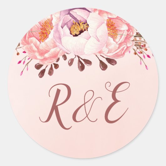 Bleek roze roze roofbruin Floral Wedding Monogram  Ronde Sticker (Voorkant)