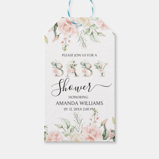 Bleek roze rozen Floral Letters Baby shower Cadeaulabel (Voorkant)