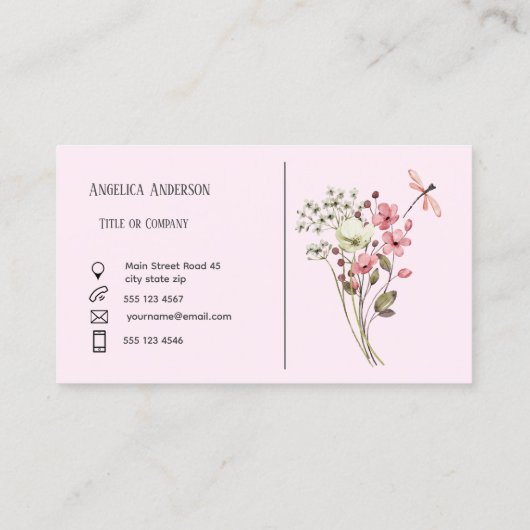 Bleek roze Vrouwelijke Waterverf Wildflower Meadow Visitekaartje (Achterkant)