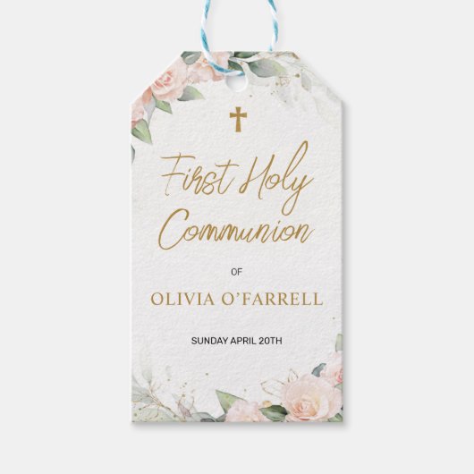 Bleek roze Waterverf Flowers First Holy Communion Cadeaulabel (Voorkant)
