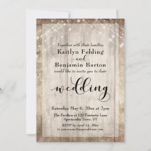Bleek Rustic Wood en White Lights Wedding Kaart