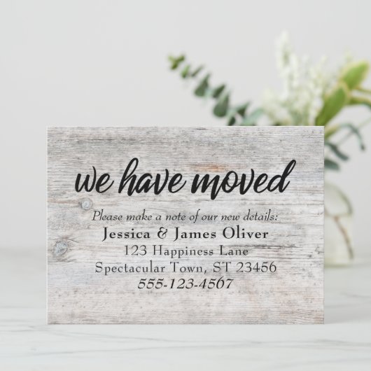 Bleek Rustisch hout "We hebben ons verplaatst"-ins (Staand voorkant)