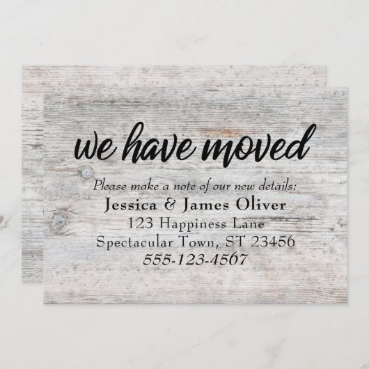 Bleek Rustisch hout "We hebben ons verplaatst"-ins (Voorkant / Achterkant)