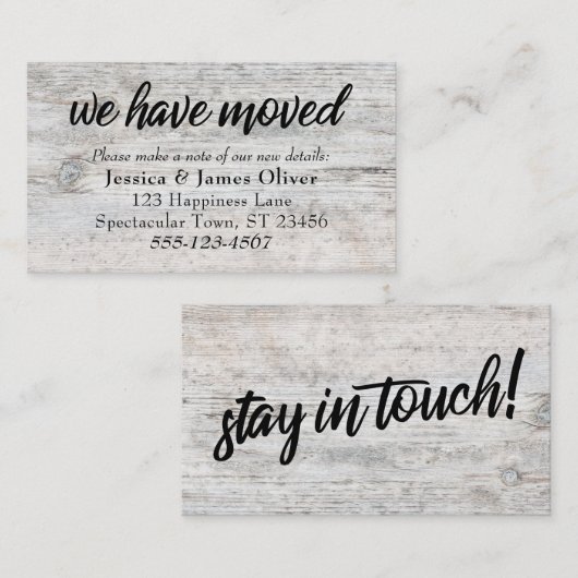 Bleek Rustisch hout "We hebben ons verplaatst"-ins Informatiekaartje (Voorkant / Achterkant)