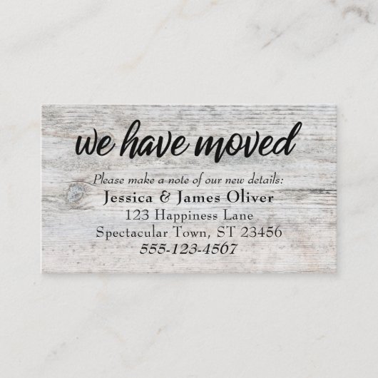 Bleek Rustisch hout "We hebben ons verplaatst"-ins Informatiekaartje (Voorkant)