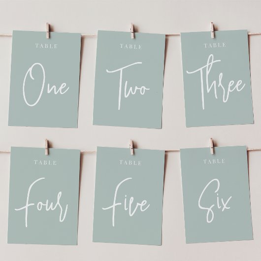 Bleek Sage Green Hand Scripted Table FIVE Kaart