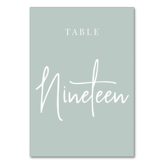 Bleek Sage Green Hand Scripted Table NINETEEN Kaart (Achterkant)
