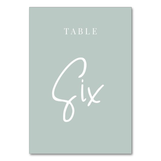 Bleek Sage Green Hand Scripted Table SIX Kaart (Achterkant)