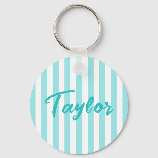 Bleek Turquoise en Witte Cabana Streep Sleutelhanger (Voorkant)