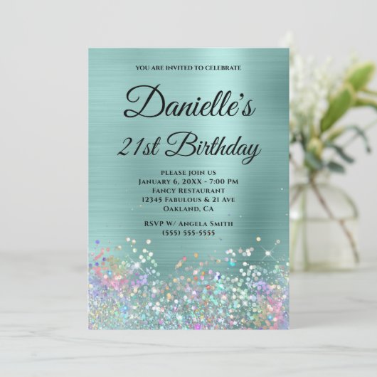 Bleek Turquoise Folie Holo Glitter Fancy Monogram Kaart (Staand voorkant)