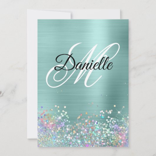 Bleek Turquoise Folie Holo Glitter Fancy Monogram Kaart (Achterkant)