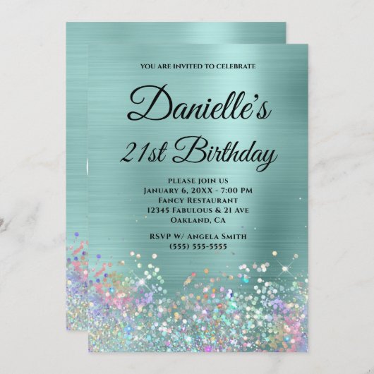 Bleek Turquoise Folie Holo Glitter Fancy Monogram Kaart (Voorkant / Achterkant)