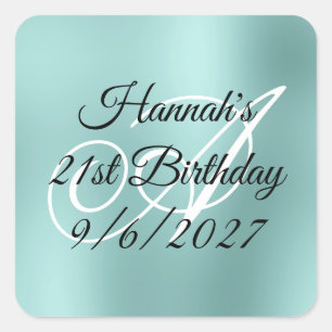 Bleek Turquoise Glam Monogram 21e Verjaardag Vierkante Sticker