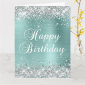 Bleek Turquoise Silver Glitter Big Happy Birthday Kaart (Gele Bloem)