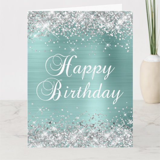 Bleek Turquoise Silver Glitter Big Happy Birthday Kaart (Voorkant)