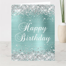 Bleek Turquoise Silver Glitter Big Happy Birthday Kaart