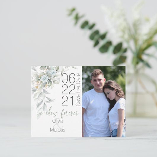 Bleek Waterverf Blauw Roos Foto opslaan Datum Briefkaart (Staand voorkant)