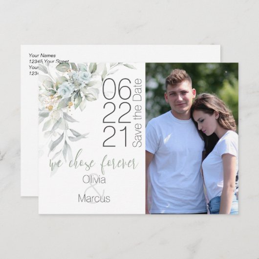 Bleek Waterverf Blauw Roos Foto opslaan Datum Briefkaart (Voorkant / Achterkant)