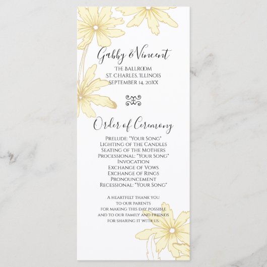 Bleek-Yellow Daisies Wedding Programme Programmakaart (Voorkant)